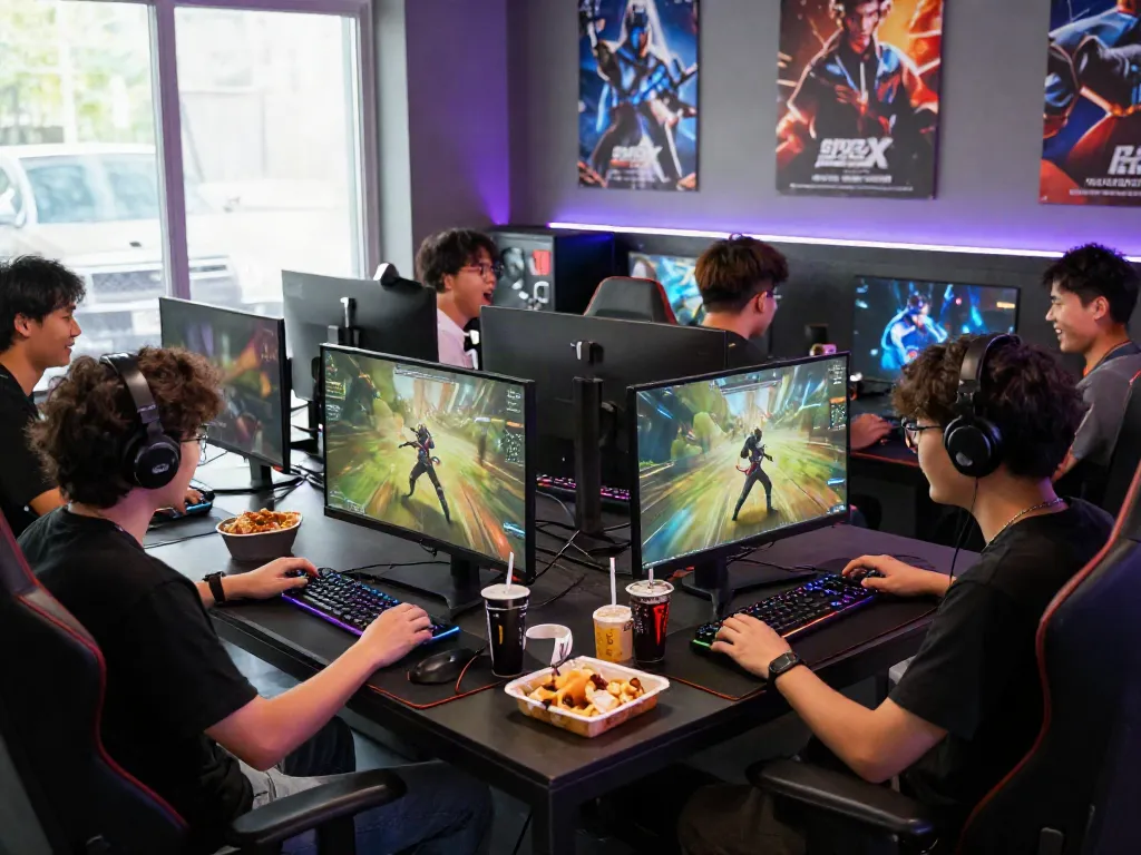 Thrilling gaming lounge with players immersed in juraganbola, showcasing high-tech setups and vibrant e-sports atmosphere.