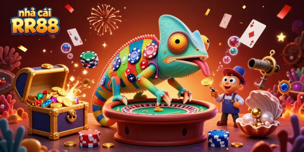 Engage with nhà cái RR88 in this vibrant, energetic 3D casino illustration featuring a colorful chameleon and dynamic game elements.