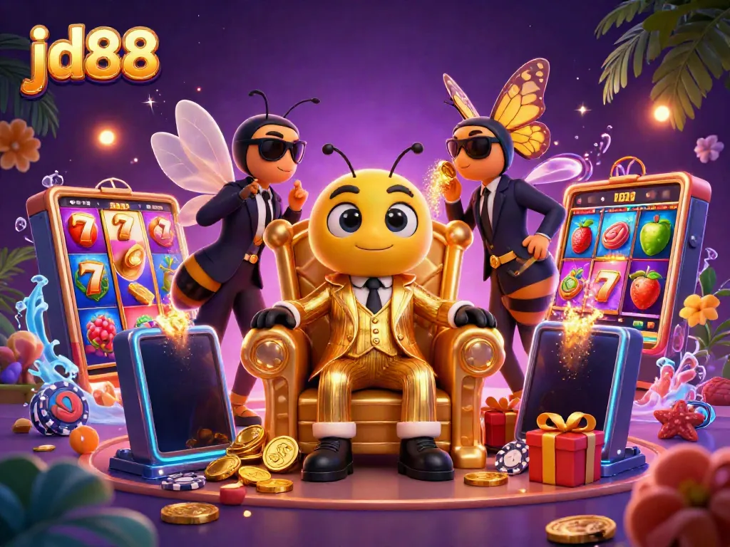 Join the excitement at jd88 with a vibrant 3D casino scene showcasing slots, cards, and characters.