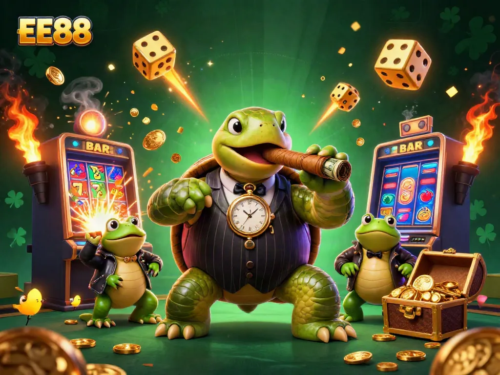 Experience the excitement of EE88's online casino with a lively scene featuring vibrant characters and dynamic elements.