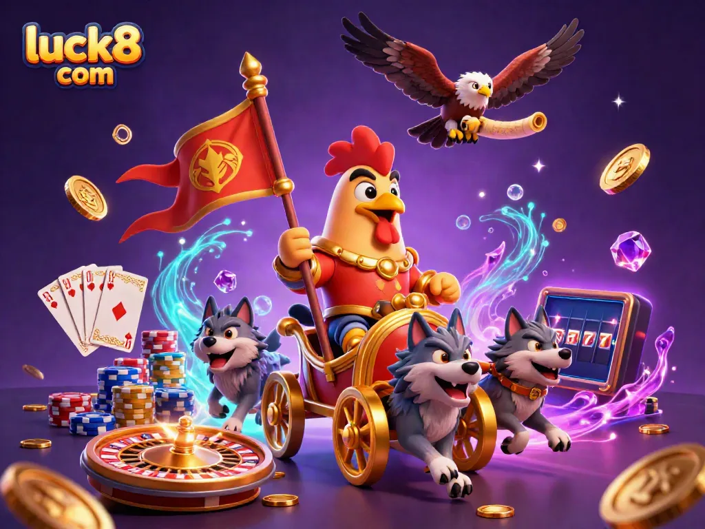 Experience the excitement at luck8 com with 3D characters and casino elements in a vibrant atmosphere.