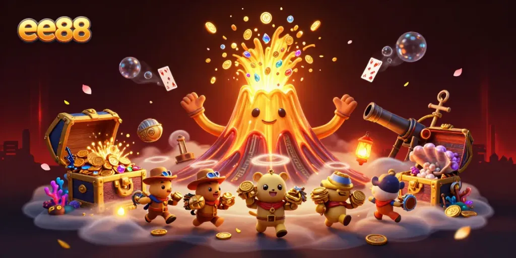 Experience thrilling wins at ee88 with vibrant treasures erupting from a golden volcano.
