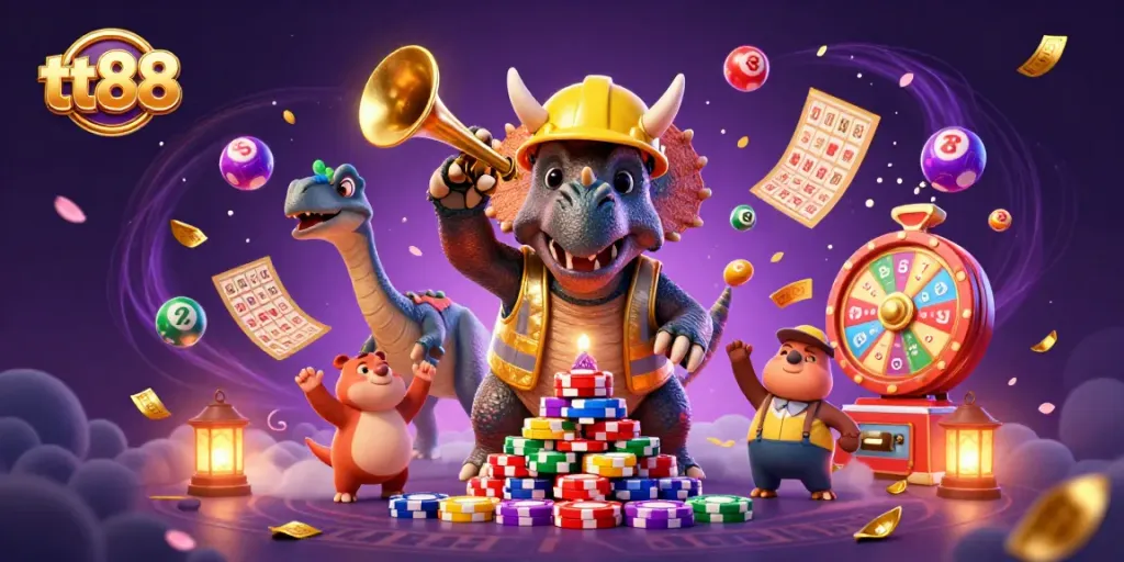 Join the action at tt88 with a vibrant celebration of gaming elements in a dynamic illustration.