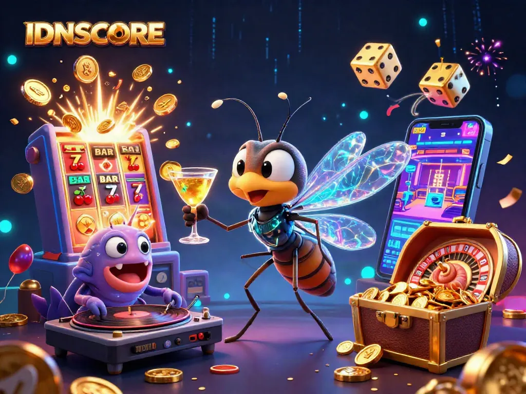 IDNSCORE brings slot excitement to life with a vibrant 3D casino scene featuring animated characters and gaming elements.