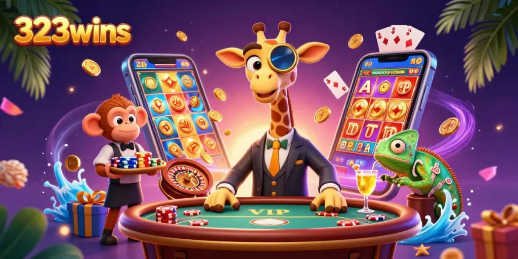 Play exciting games with 323wins, featuring a high-roller giraffe and vibrant casino elements.