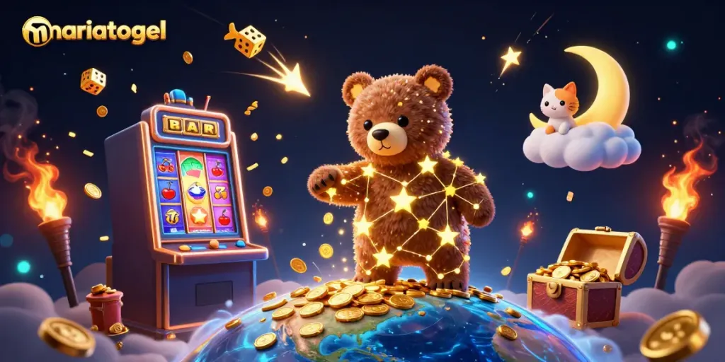 Experience the thrill of mariatogel with a vibrant casino scene featuring a constellation bear, slot machine, and golden coins.