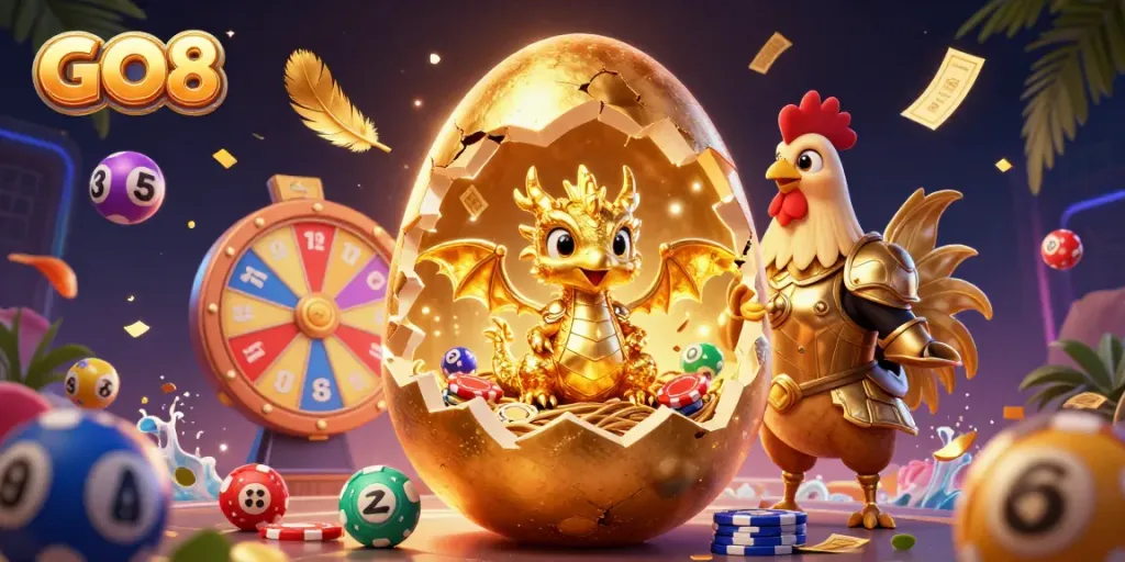 Experience the excitement of GO8 gaming with a dynamic scene featuring a golden dragon and vibrant casino elements.