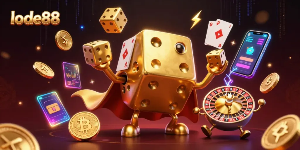 Engage with lode88's vibrant casino universe, mixing golden dice, crypto coins, and dynamic game elements.