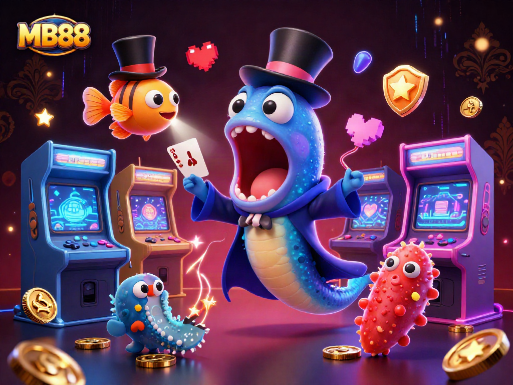 Experience magic at MB88 with a bioluminescent eel performing tricks in a vibrant casino scene.