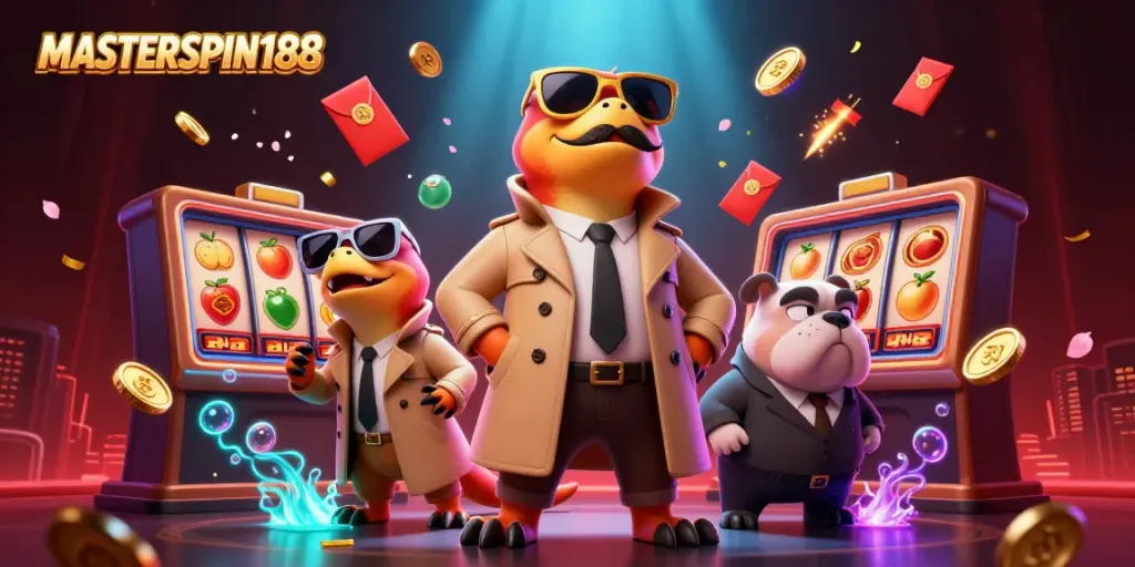 Experience the thrill at MASTERSPIN188 with raptors sneaking into a casino, surrounded by vibrant slot elements.