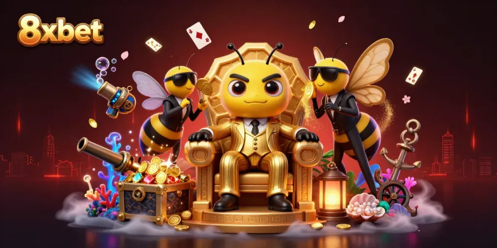 Engage with vibrant 8xbet gaming action featuring a bumblebee mob boss and golden treasures in a dynamic scene.