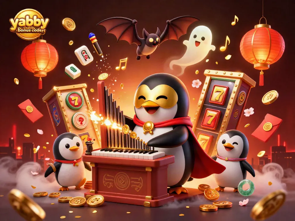 Experience gaming excitement with yabby casino bonus codes illustration featuring a penguin playing an organ.