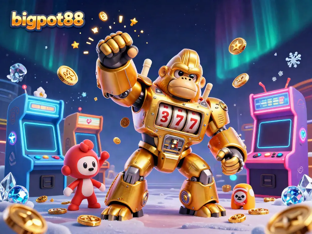 Experience thrilling bigpot88 gaming action with a dynamic gorilla mech amidst dazzling casino elements.