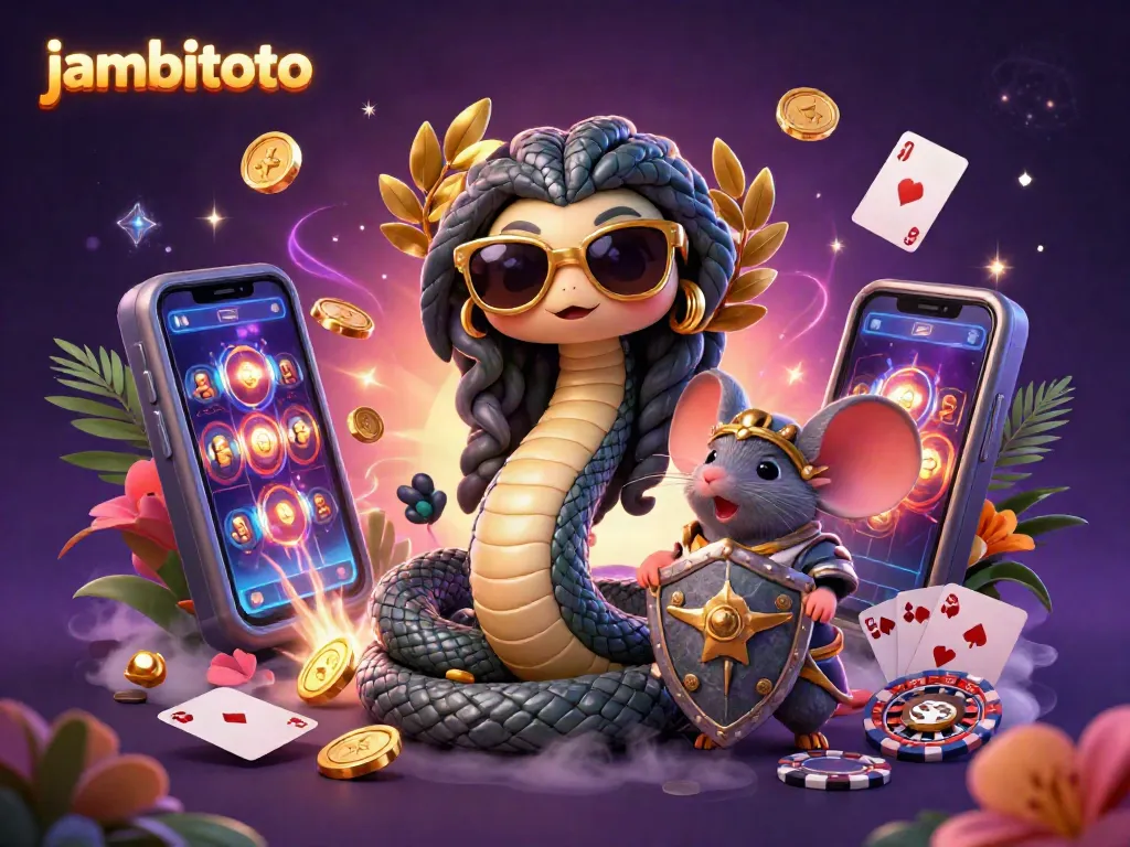 Play and win with jambitoto in a lively scene featuring Medusa and a warrior mouse amidst vibrant casino elements.