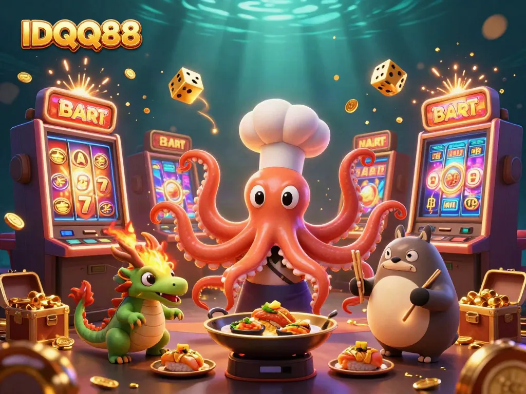 Experience exciting gameplay at IDQQ88 with a 3D sushi chef octopus, dragon, and tanuki in a casino-filled scene.