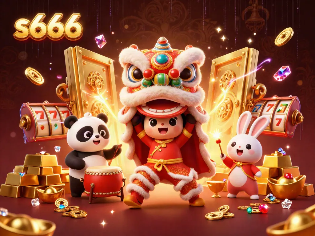 Experience the vibrant and lively world of s666 casino through a mesmerizing lion dance, surrounded by treasures and slot reels.