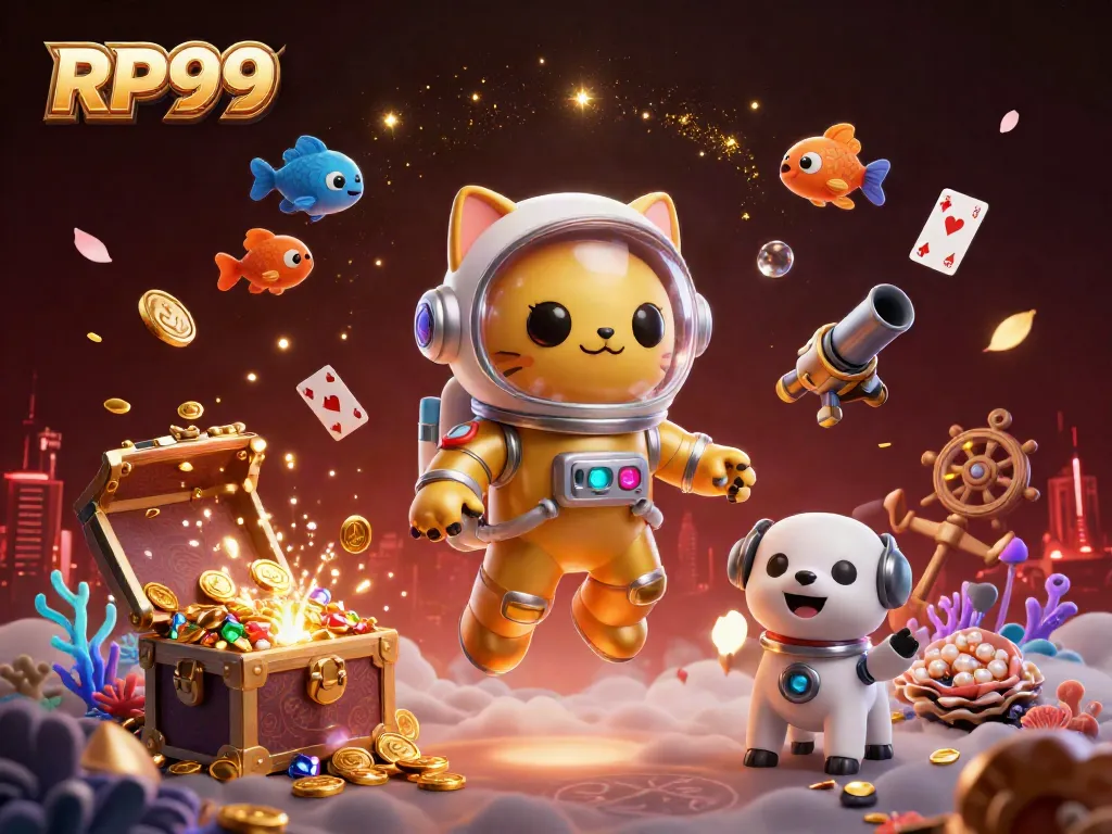 Win big at RP99 with this immersive 3D casino-themed illustration featuring a space cat and robot dog!