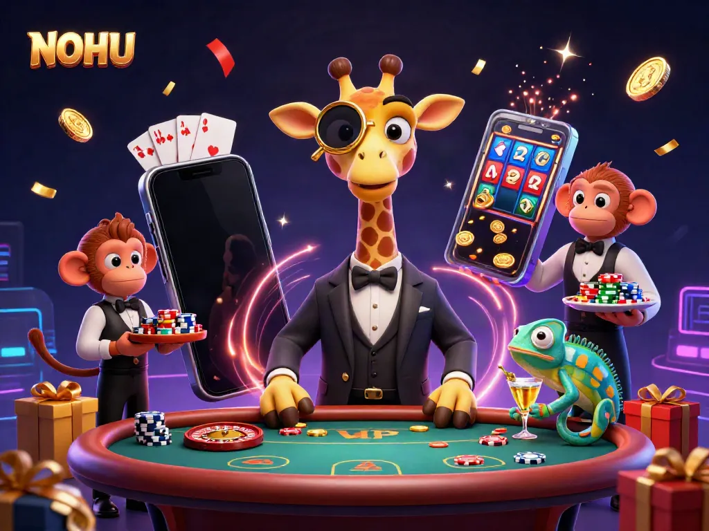 Spin and win at NOHU with a lively scene of animated characters enjoying casino games.