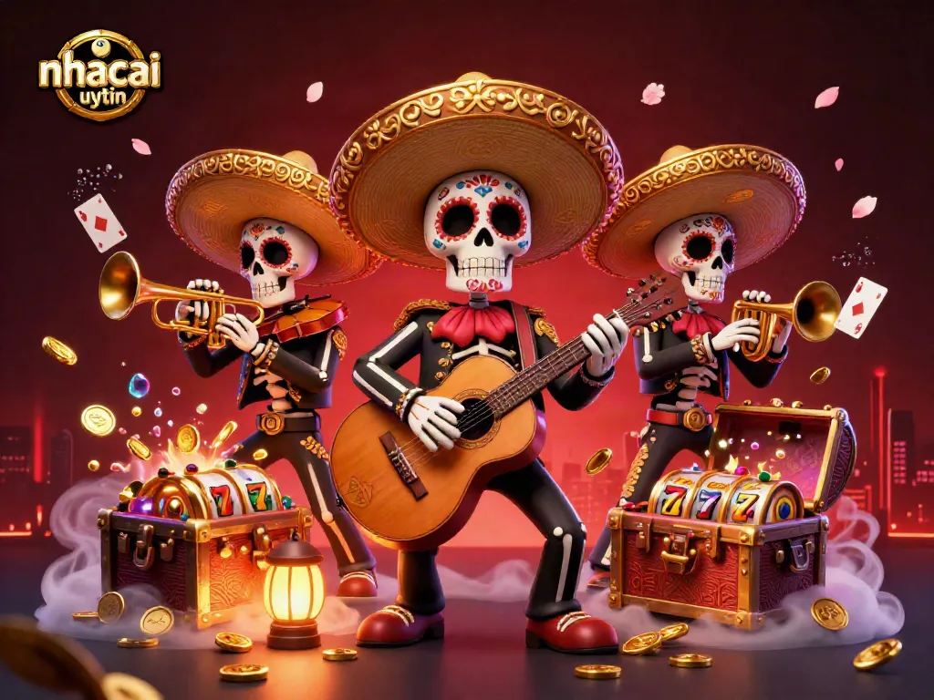 Engage with nhacaiuytin's vibrant casino scene featuring a mariachi band amongst treasures and slot reels.