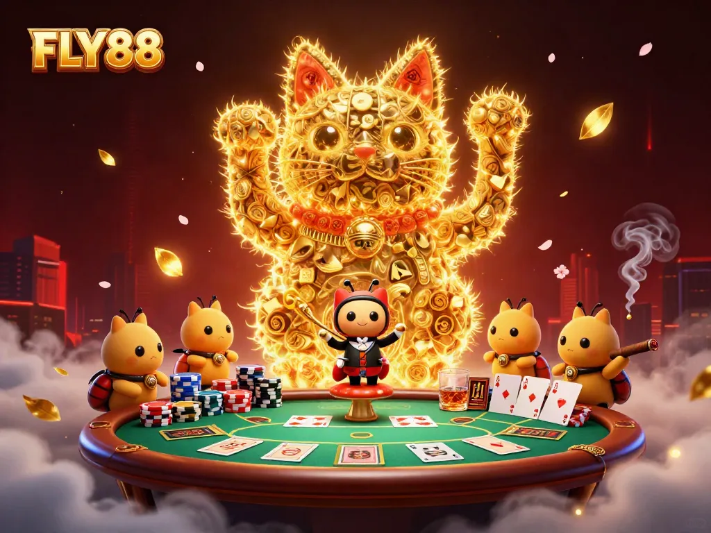 Engage with thrilling gameplay at FLY88, featuring a lucky cat and vibrant poker elements in a casino scene.