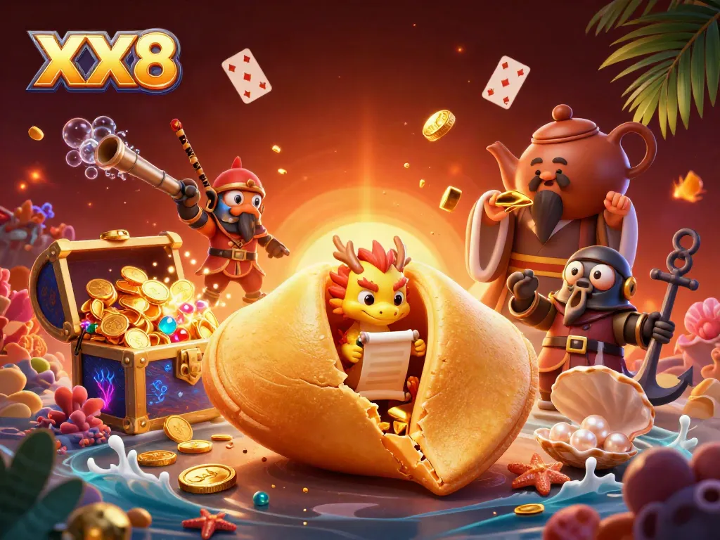 Experience the fortune of XX8 with golden treasures and playful characters in this vibrant casino scene.