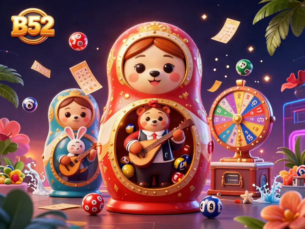 B52 showcases an exciting casino scene with vibrant elements like lottery balls and dealer bears.