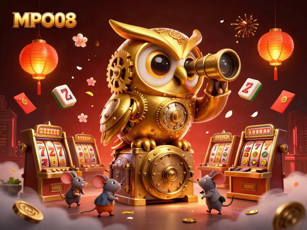 Play exciting slots as MPO08’s golden owl watches over players on a bustling casino floor.