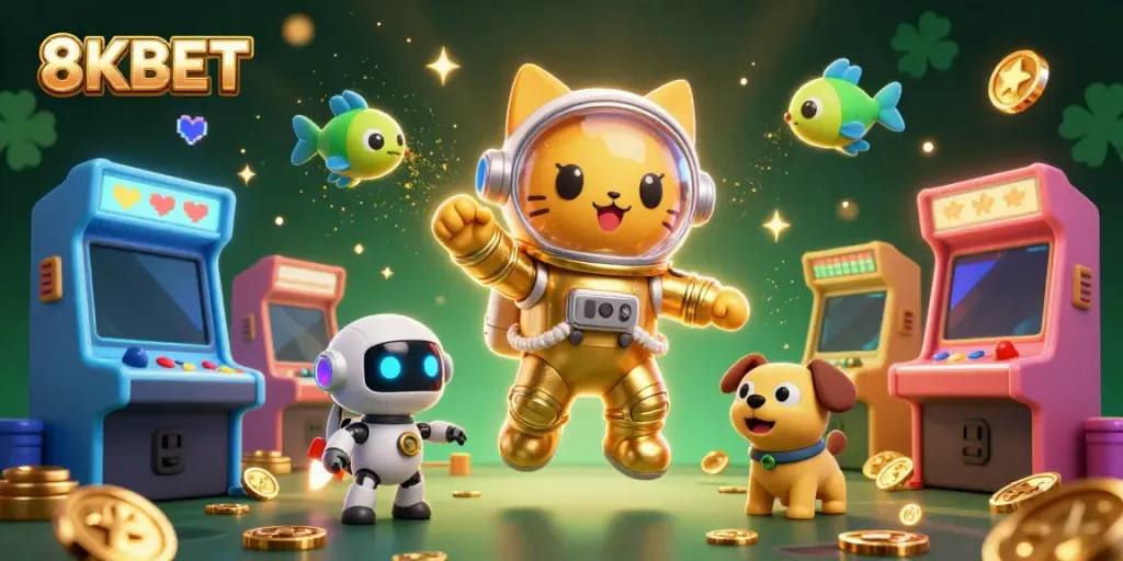 Experience thrilling gameplay at 8KBET with an adventurous scene featuring a space astronaut cat and other exciting characters.