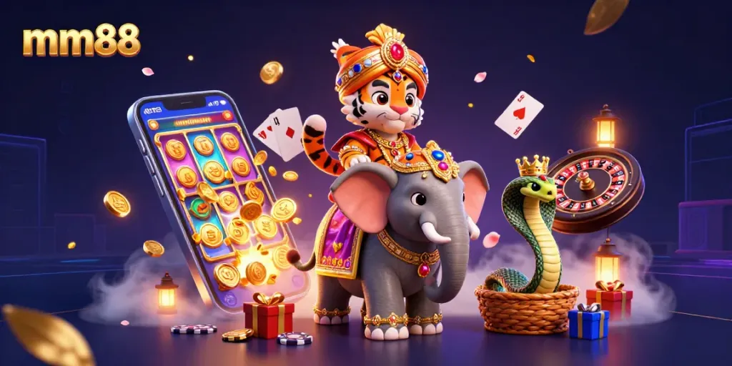 mm88 offers an exhilarating experience with a vibrant scene featuring a maharaja and his elephant amidst dynamic casino elements.