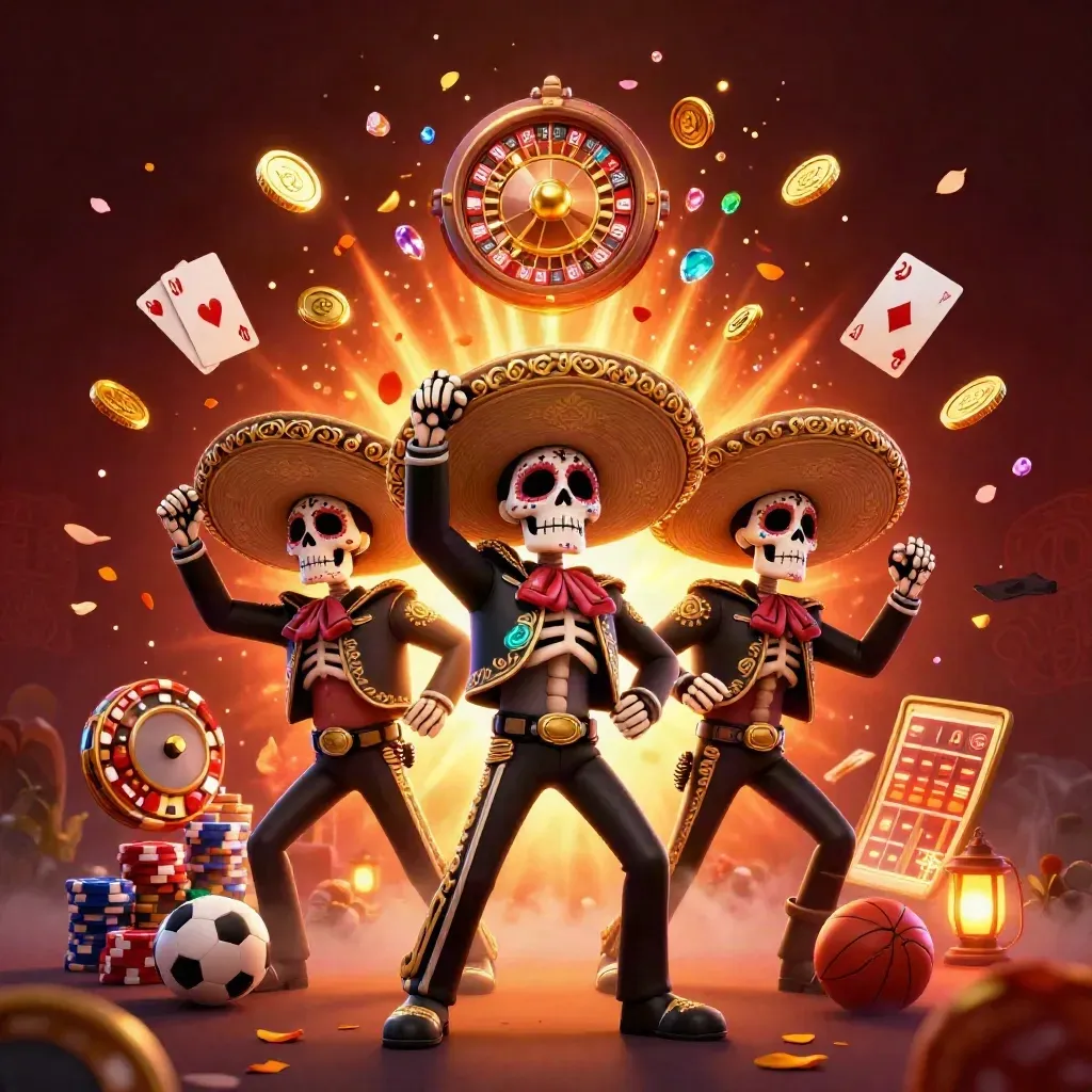 Day-of-the-Dead skeleton mariachi trio amid coins, chips, roulette wheel, petals, and neon casino glow.