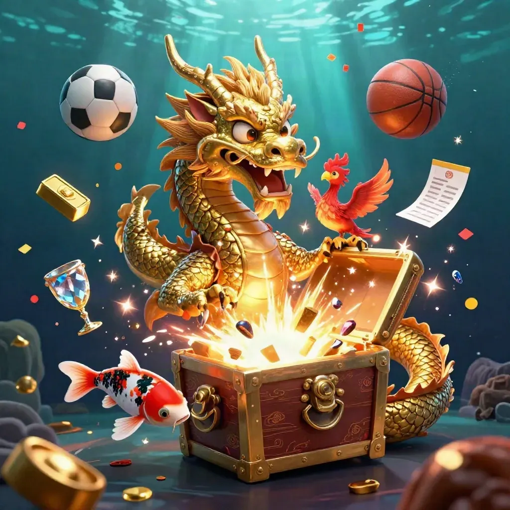 Golden dragon with phoenix and koi amid casino treasures, sports balls, teal glow, and dramatic light