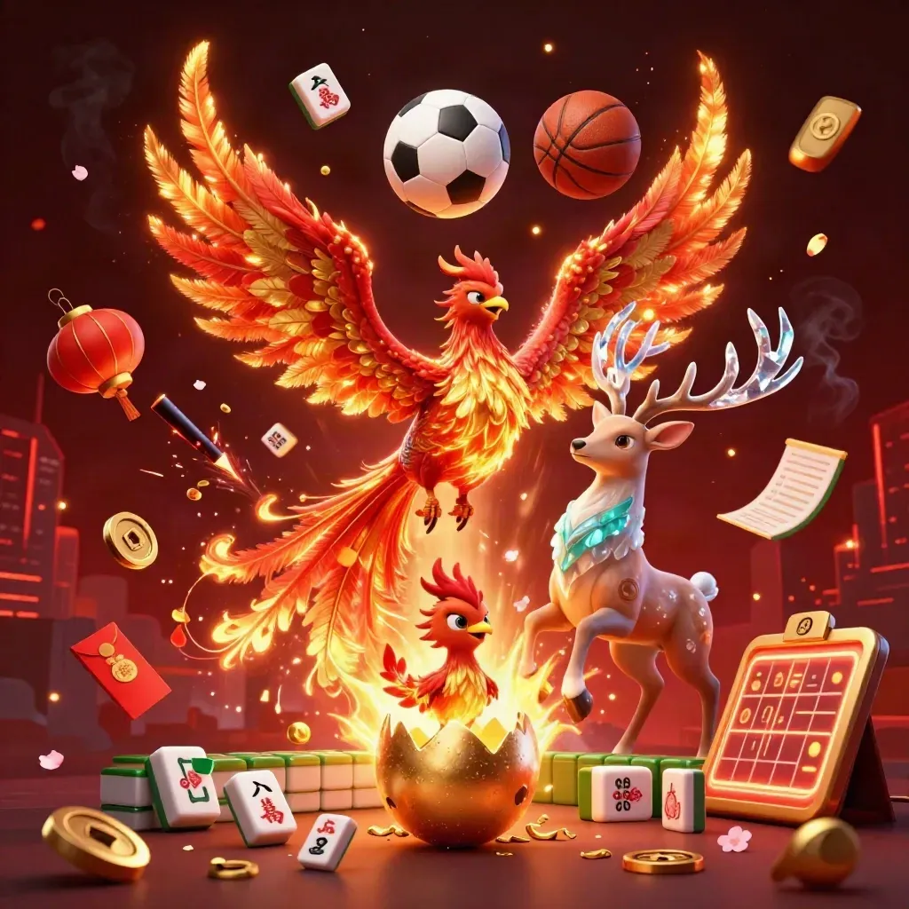 Phoenix, stag, and sports balls burst through casino lights in bronze neon glory