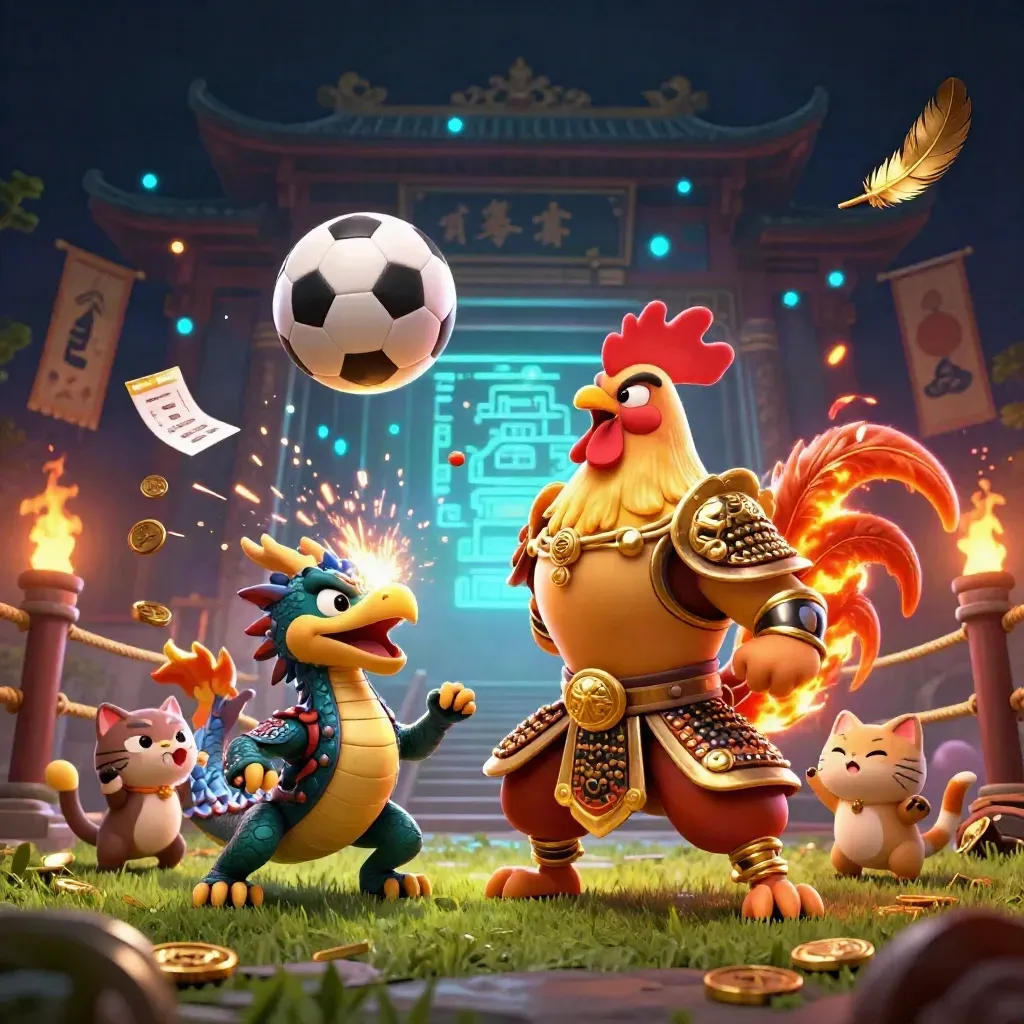 Rooster warrior, dragon hatchling, and fortune-cat in a glowing sports-casino fantasy battle scene.