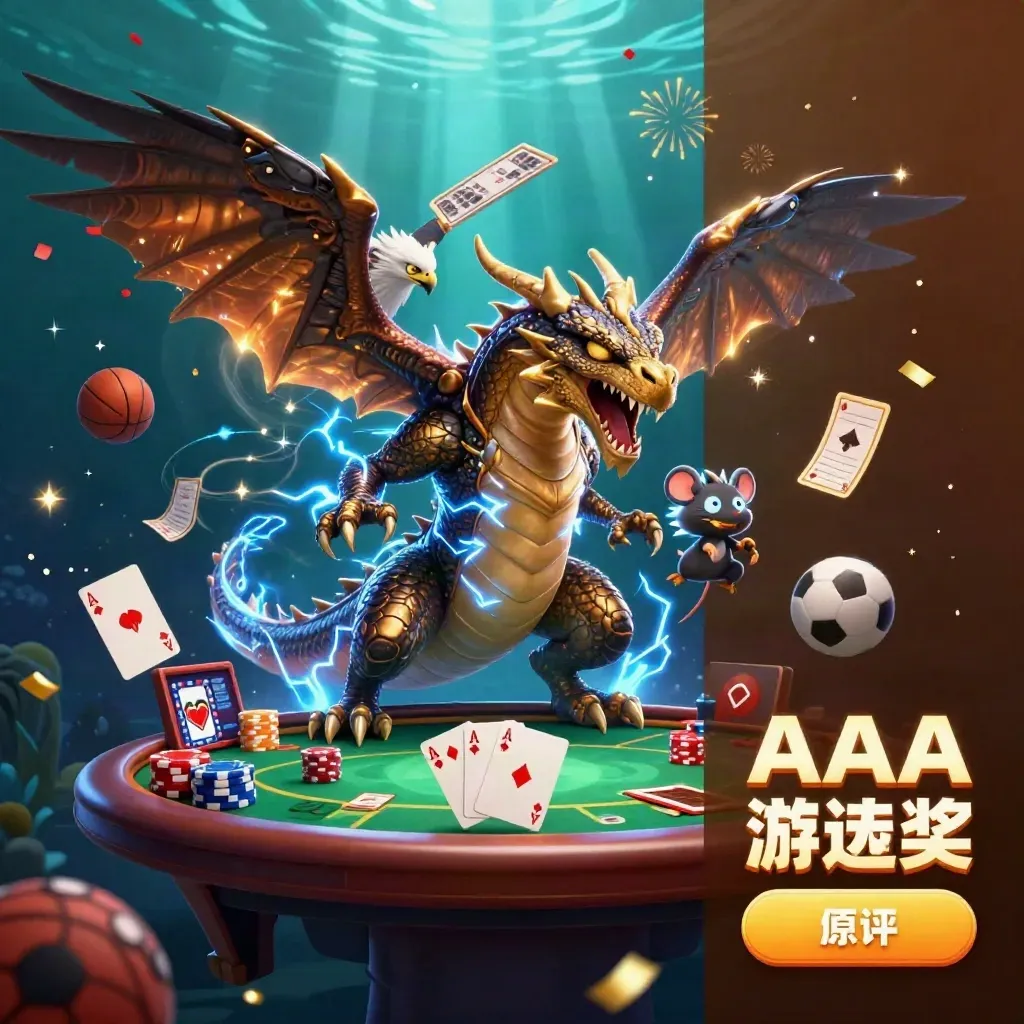 Thunder dragon, wind hawk, and static mouse amid casino props, teal underwater glow, bronze-gold sparks