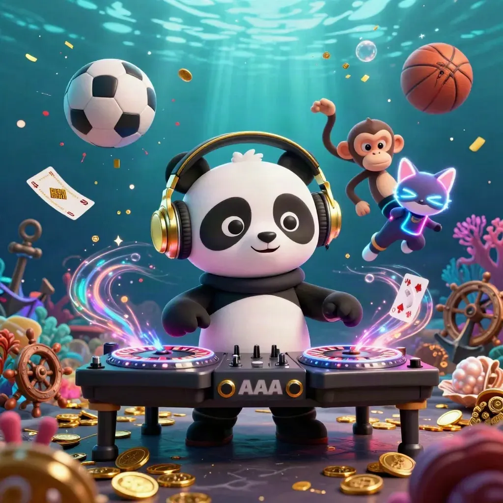 Low-angle underwater casino scene with panda DJ, monkey, kitten, sports balls and treasure glow.