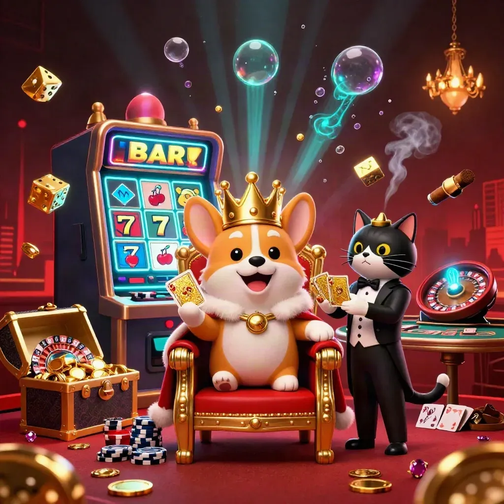 Corgi king and cat butler amid casino magic, slot rays, dice, roulette, teal glow.