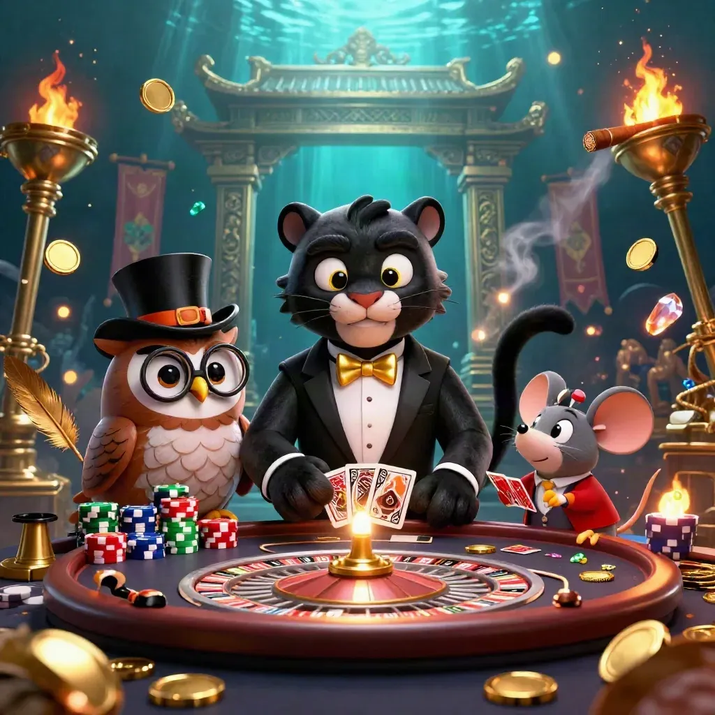 Panther, owl, and mouse in a luxe casino scene with glowing brass, cards, coins, and teal light.