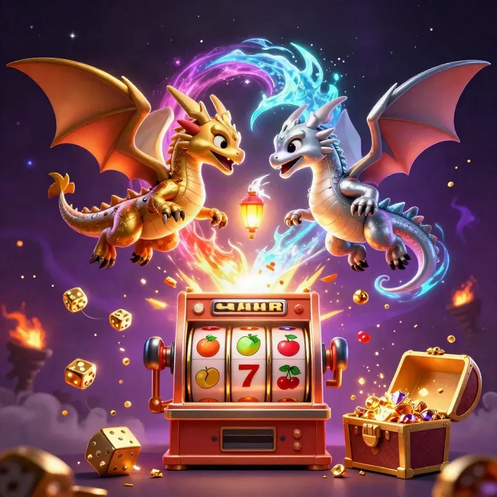 Twin dragons clash in fire and ice as a slot machine bursts gold, dice, and symbols around them.
