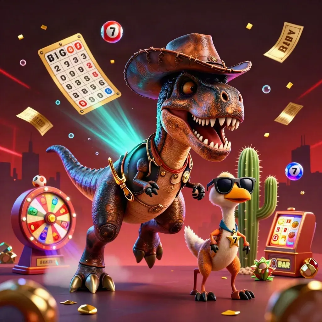 Cowboy T-Rex, cactus sidekick, and roadrunner amid casino loot, glowing teal and gold.