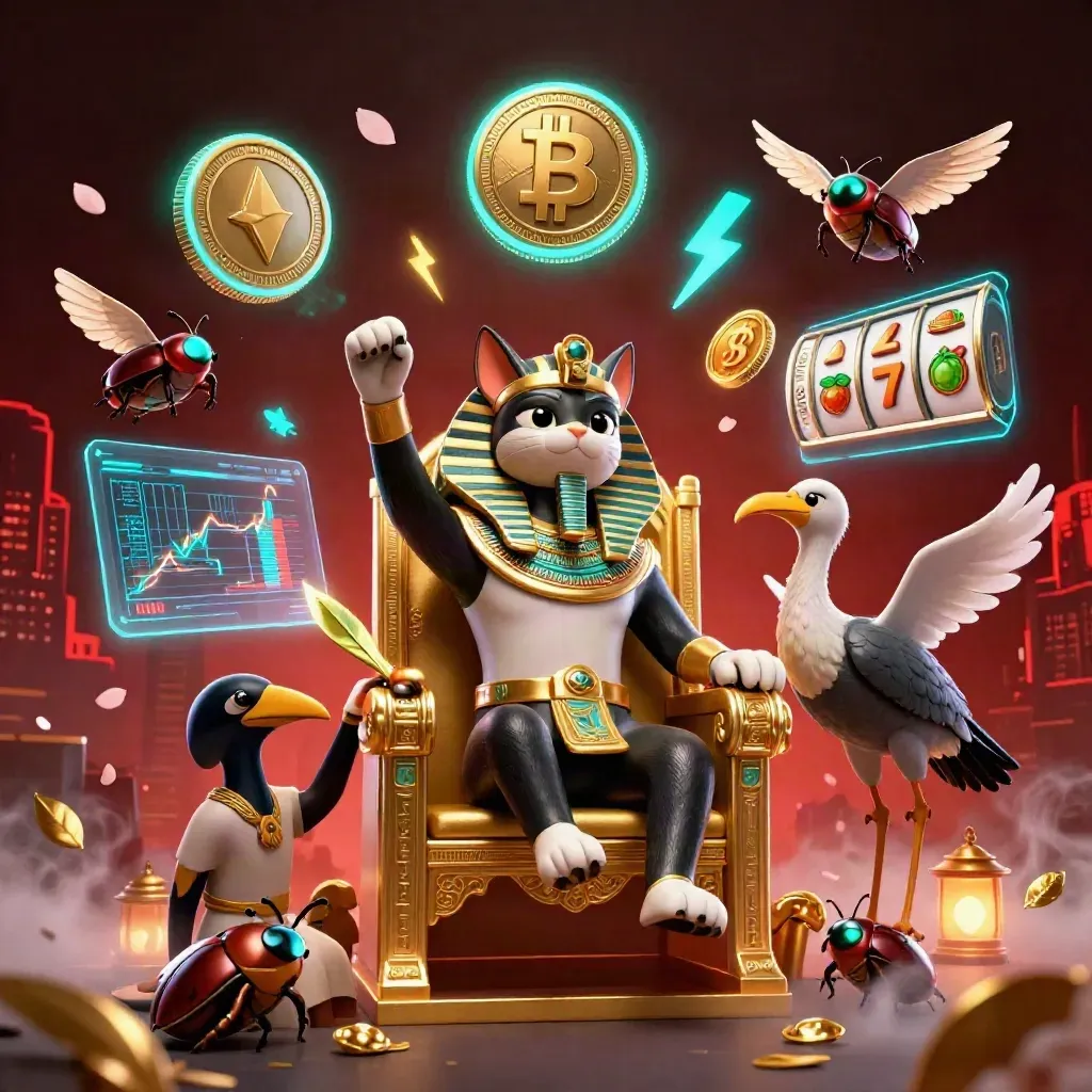 Pharaoh cat, ibis scribe, and gem-winged scarabs amid neon coins and bronze casino magic.