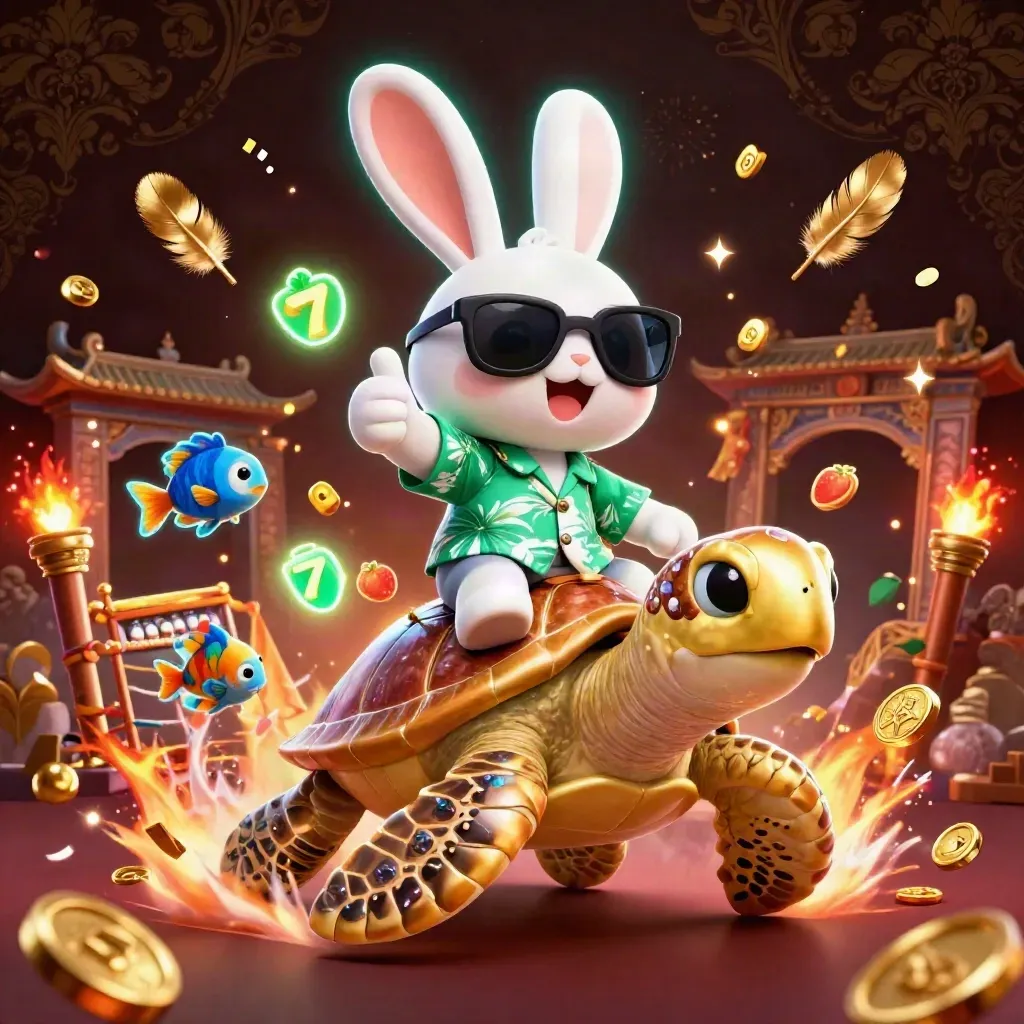 Rabbit on gem turtle amid coins, temple gate, fish, confetti, teal glow, casino fantasy