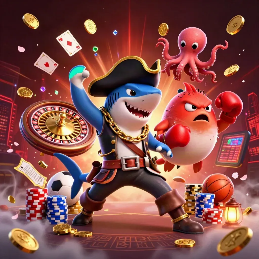 Pirate shark, pufferfish, and octopus amid coins, chips, roulette, and treasure chaos.
