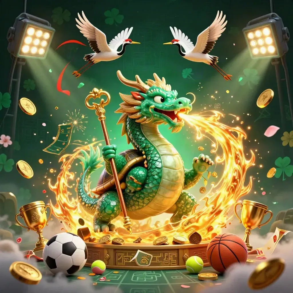 Jade dragon, turtle sage, and cranes amid vault treasure, coins, and casino sports icons.