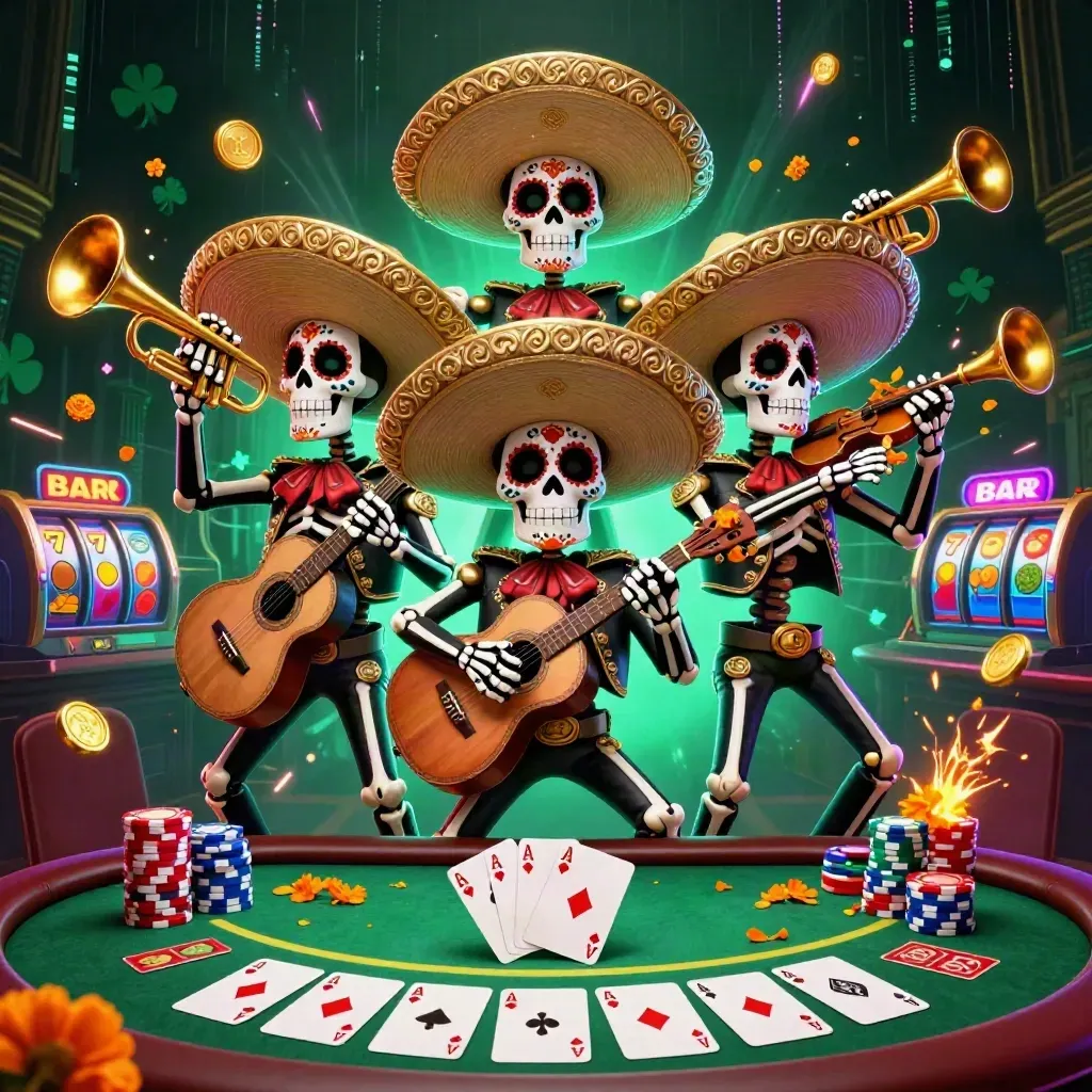 Skull mariachi trio amid poker chips, slot reels, and neon casino energy