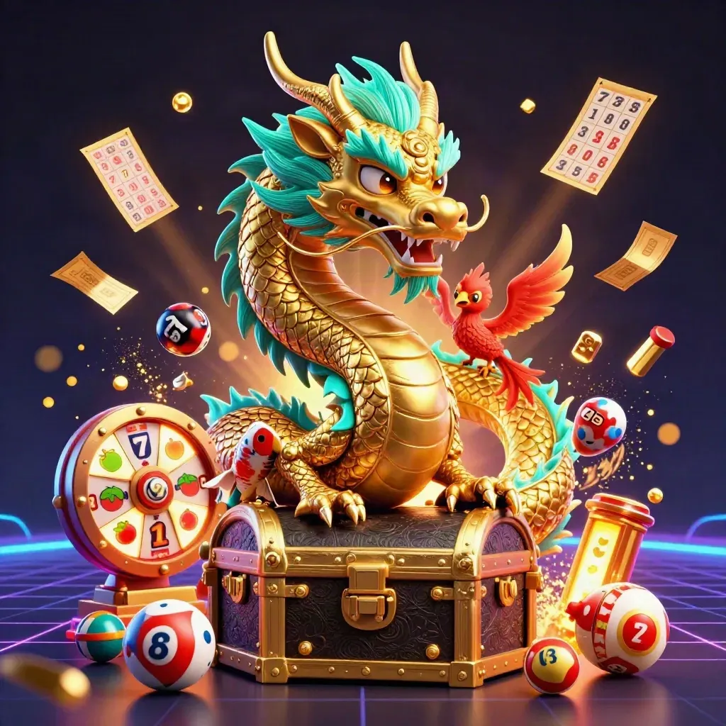 Golden dragon, phoenix, koi, and casino icons explode in a teal-lit dark fantasy splash screen.