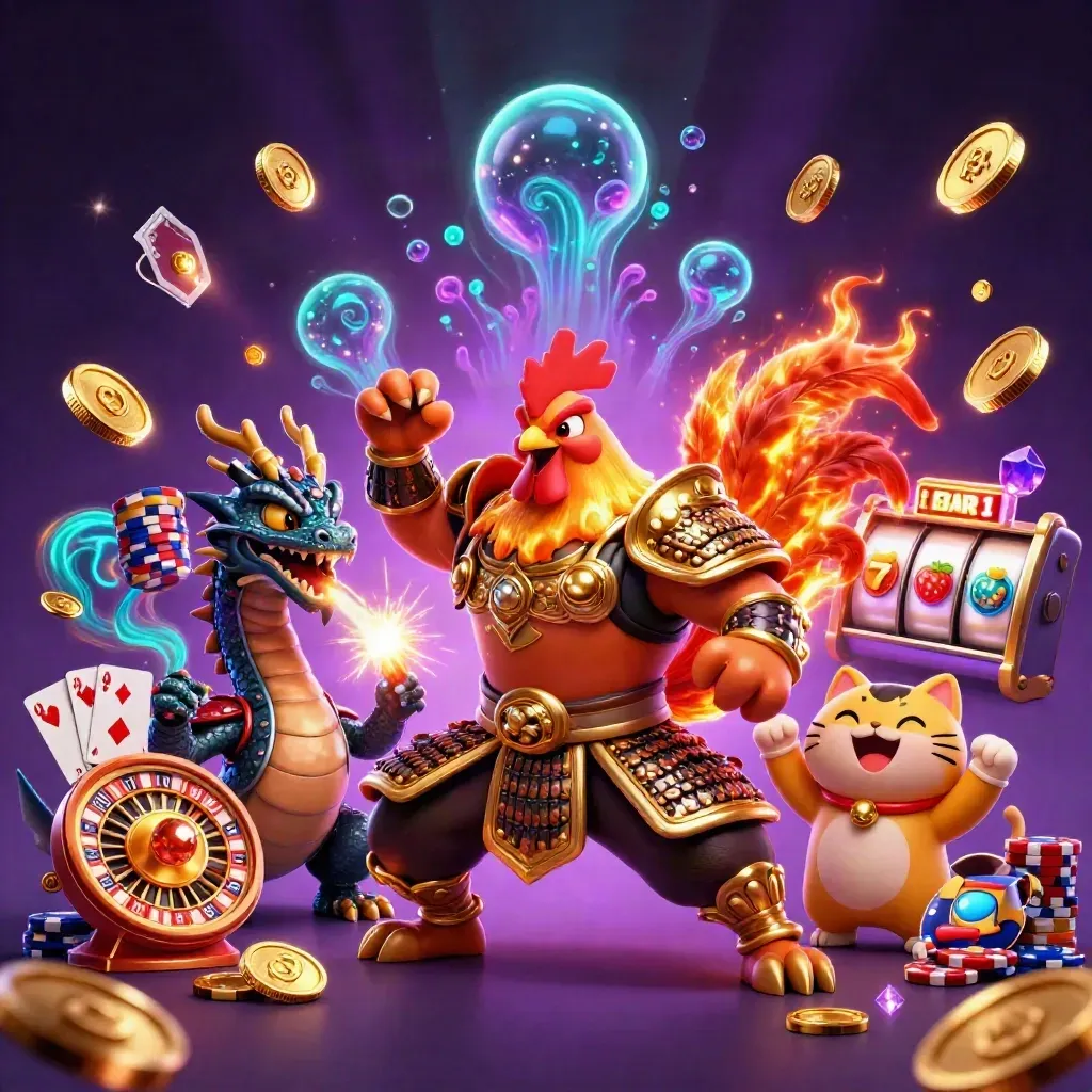 Rooster warrior, dragon hatchling, and fortune-cat amid casino coins, cards, chips, and glowing reels.