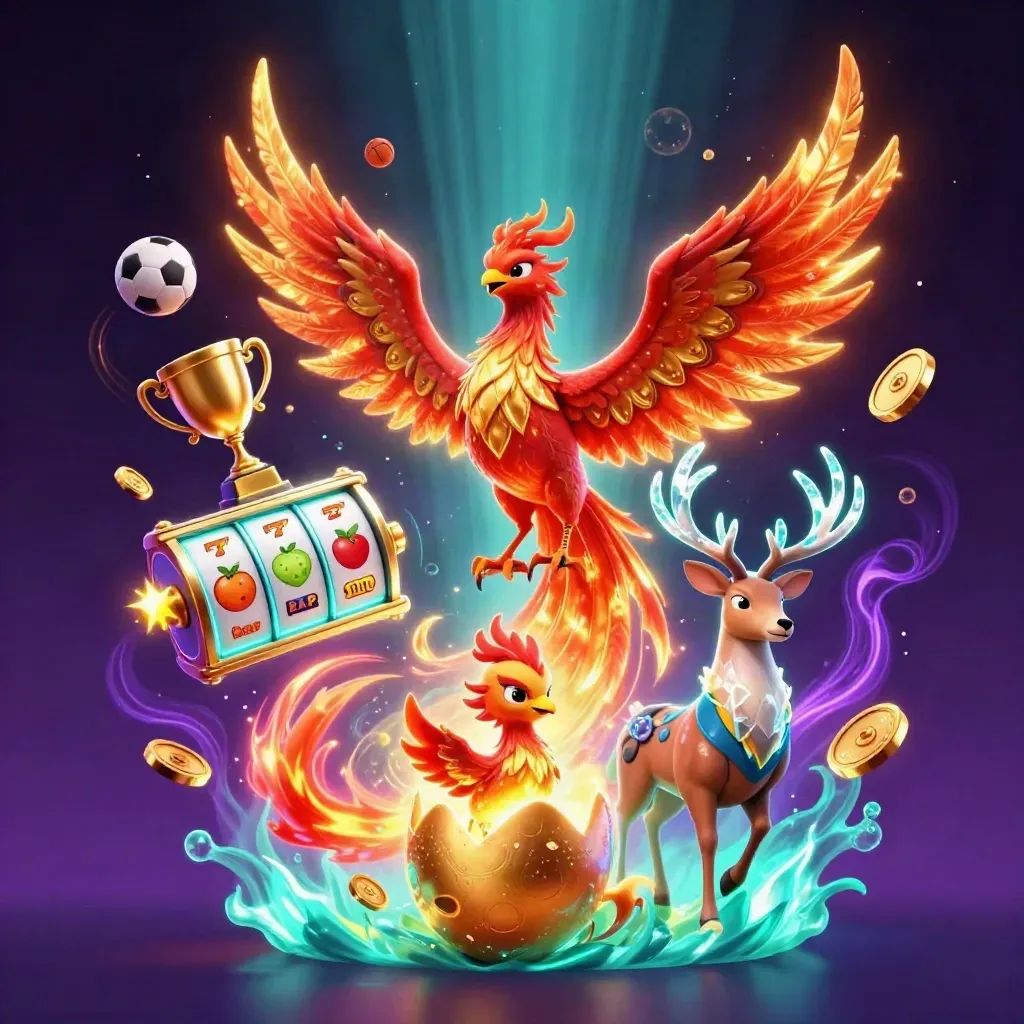 Phoenix, hatchling, and crystal stag amid casino and sports icons in neon teal glow