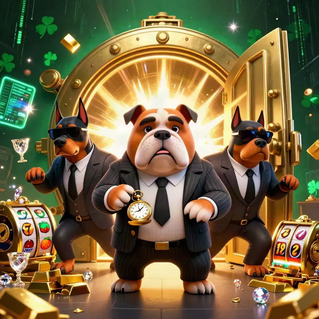 Bulldog mob boss and two Dobermans burst from a golden vault amid casino loot.