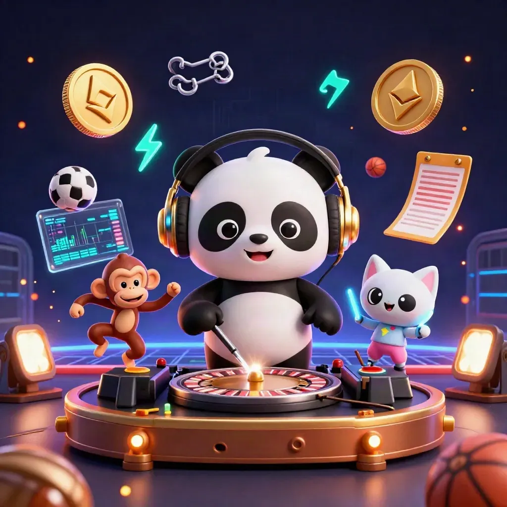 DJ panda, monkey, and kitten in a neon casino scene with coins and sports props