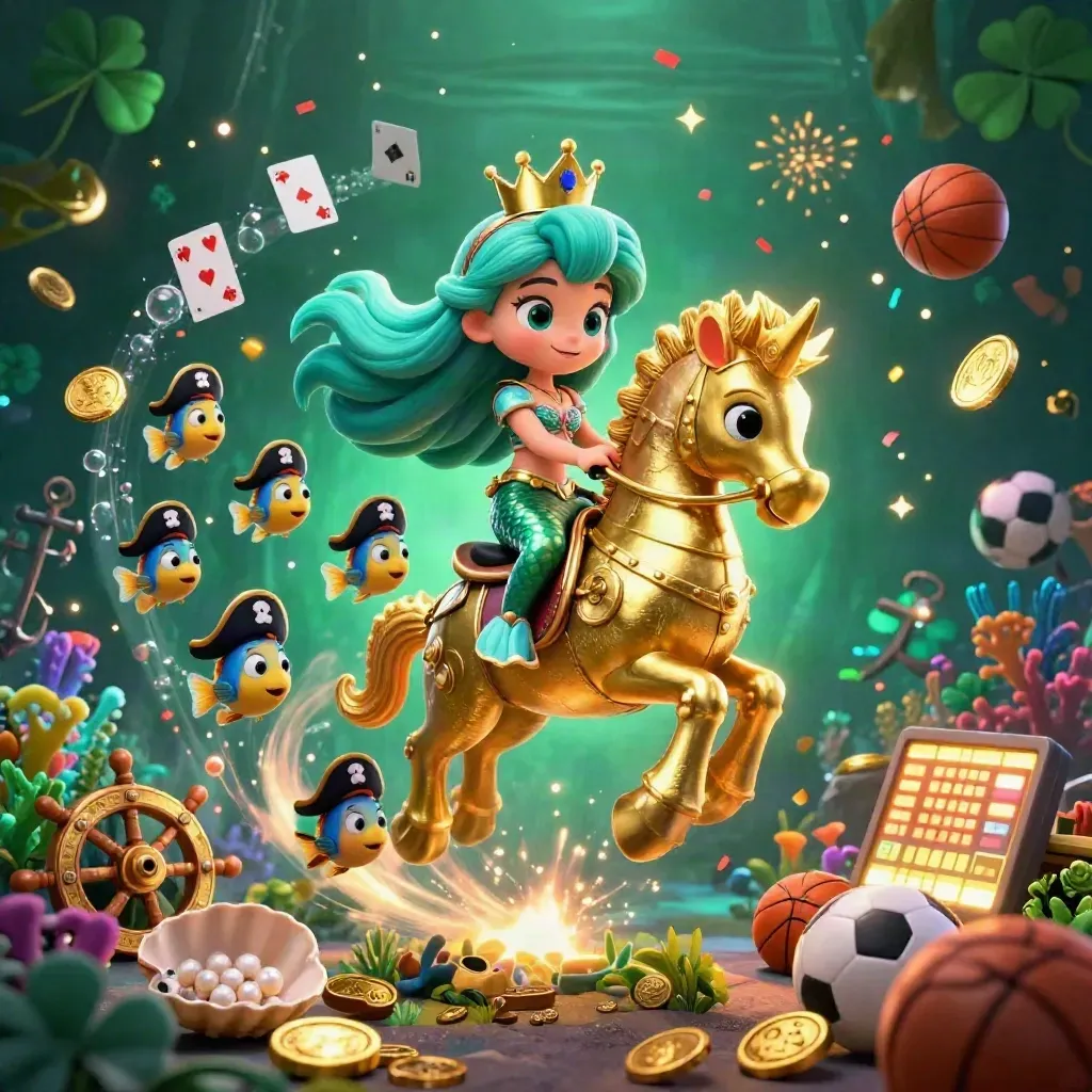 Mermaid princess on a golden seahorse amid coins, fish, coral, cards, and casino sports props.